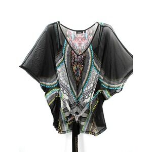 APT 9 Women 2X Black Mesh Lined Butterfly Kaftan Top Bohemian Batik Blouse